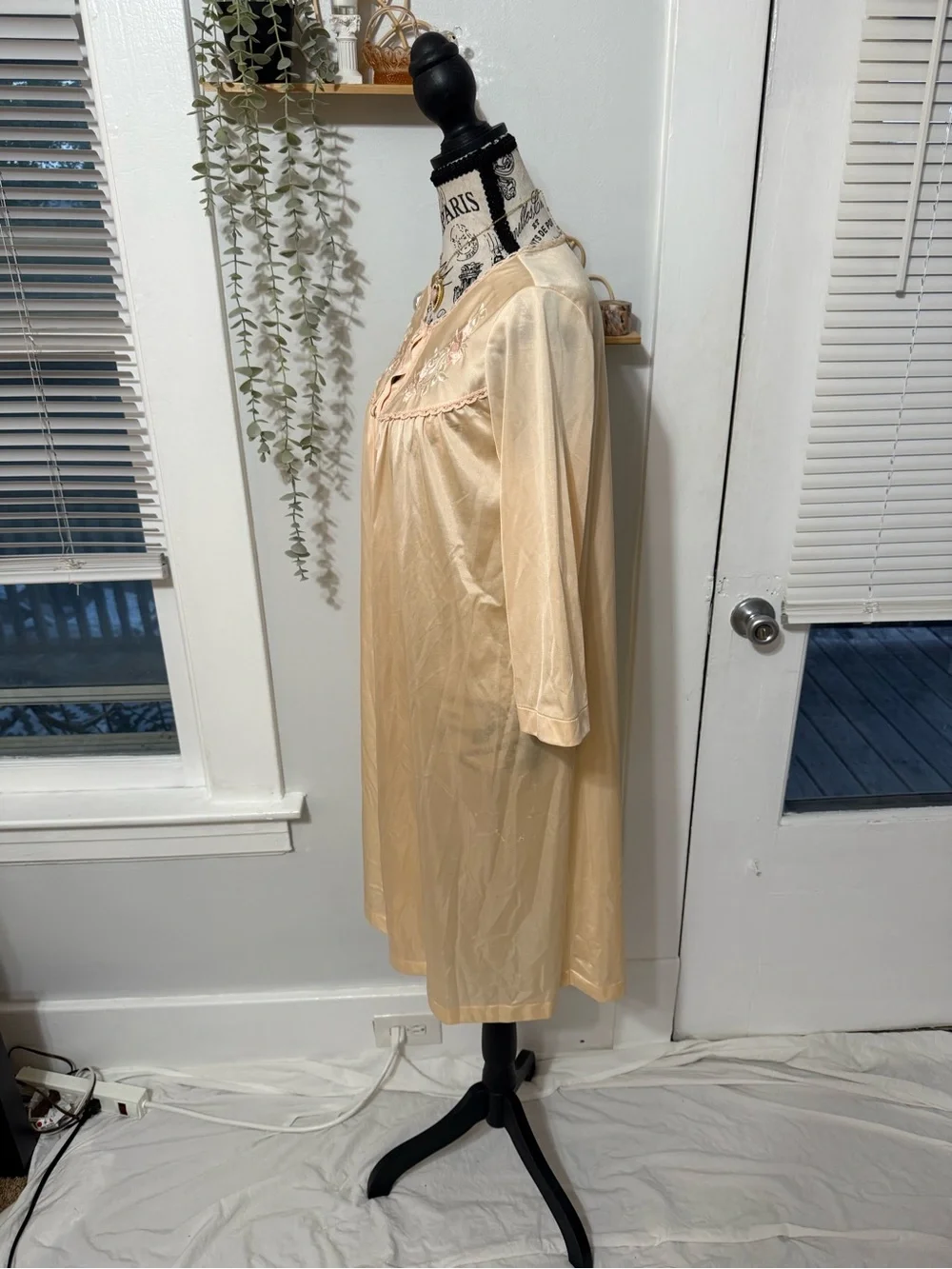 Women's Peach Embroidered Button-Front Nightgown